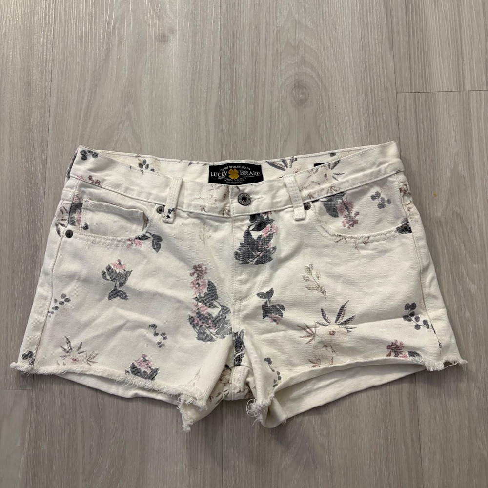 Lucky Brand Short Women Floral Denim Cut Off White Grey Mid Rise Raw Hem 4/27